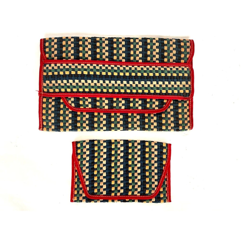Vintage Woven Geo Design Colorful Bags Straw Raffia Boho Clutch w/Make-up